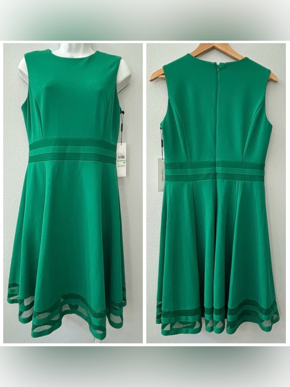 NWT Calvin Klein Emerald Green Fit & Flare Mesh Hem Dress - size 8